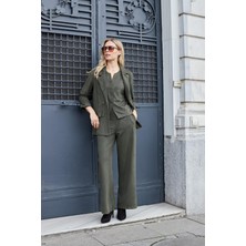 Jument Kadın Süet Dokulu Kumaş Yakalı Capri Kol Cep Kapaklı Blazer Ceket-Haki