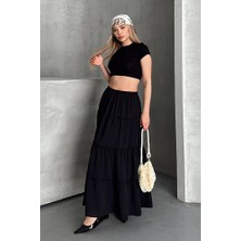 Trendparis Basic Astarlı Pileli Kadın Uzun Etek Siyah