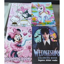 4 Adet Stickerli Boyama Kitabı (Hello Kitty,wednesday,minnie,unicorn Figürlü