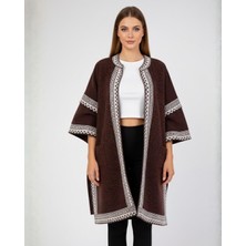 Amida Kadın Kahve Beyaz Desenli Salaş Kesim Cepli Triko Panço - 2531