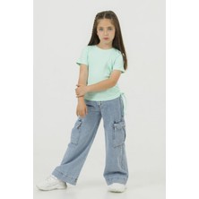 Mojo Bebek Mojo Kız Çocuk 4-9 Yaş Kargo Cepli Bol Paça Denim Pantolon 0199 Kot Mavi