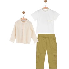 NK 01-04 Yaş Erkek Bebek Krem Yeşil Safari Üçlü Takım - Ekru/yeşil