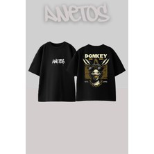 Anetos Donkey Tasarım Sırt Baskılı Pamuk Siyah Oversize T-Shirt
