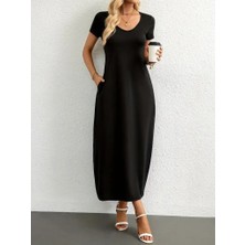 Nnstartshopping  Kadın Kısa Kollu Yakası Yuvarlak Cepli Viskon Elbise