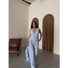 Nnstartshopping  Çizgili Keten Yelek-Pantolon Takım - Mavi