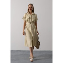 Nnstartshopping  Kuşaklı Cep Detaylı Yarım Kol Elbise - Ekru