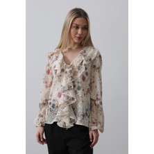 Nnstartshopping  Volanlı Çiçek Desen Şifon Gömlek - Krem