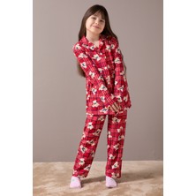 Cansın Mini Kırmızı Ayıcıklı Ekose Desen Kız Çocuk Düğmeli Pijama Takımı 19855