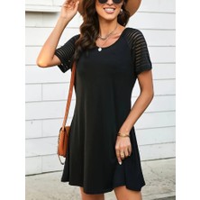 Nnstartshopping  Kadın Kısa Kollu Yuvarlak Yaka Şerit Kol Detaylı Viskon Elbise