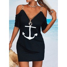 Nnstartshopping  Fermuar Detay Çıpa Baskılı Zincir Askılı Viskon Elbise