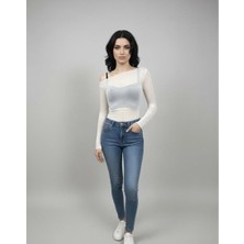 Vonie Kadın Transparan Softtouch Esnek Kayık Yaka Beyaz Bluz