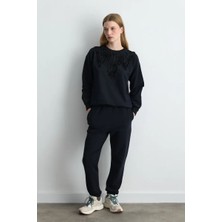Gusto Şerit Nakışlı Pamuk Sweatshirt - Siyah