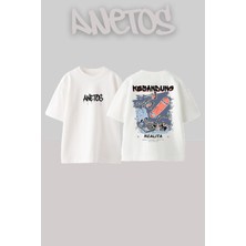Anetos Kesandun Tasarım Sırt Baskılı Pamuk Beyaz Oversize T-Shirt