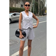 Hariqa Yelek Şort Flamlı Keten Takım 10133-17