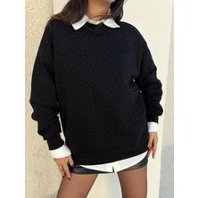 Minaaise Kadın Siyah Taşlı Oversize Sweatshirt 30067