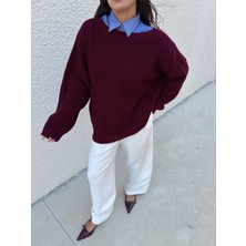 Minaaise Kadın Bordo Oversize Selanik Örgü Triko Kazak 30057