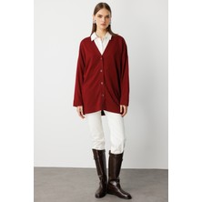 Mizalle Ekstra Oversize Düşük Kol Basic Bordo Ince Triko Hırka