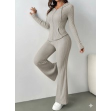 Nnstartshopping  Kadın Uzun Kollu Kapşonlu Önden Fermuarlı Kaşkorse Bluz ve Pantolon Ikili Takım