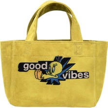 Dogo Kadın Vegan Sarı Medium Tote Bag Warner Bros Tweety Good Vibes Only Tasarım Renkli Detaylar