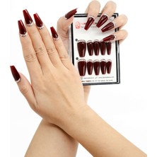 Takma Takma 10'lu Bordo Uzun Balerin TT0964 Tekrar Kullanılabilir El Yapımı Protez Takma Tırnak - Bordo-L