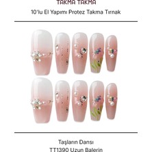 Takma Takma 10'lu Pembe Uzun Balerin  TT1390 Tekrar Kullanılabilir El Yapımı Protez Takma Tırnak - Pembe-M