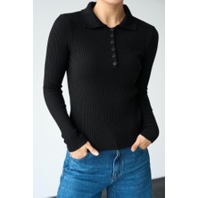 Nnstartshopping  Polo Yaka 6 Düğmeli Kazak - Siyah