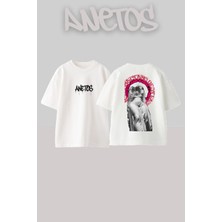 Anetos Heykel Pembe Yazılı Tasarım Sırt Baskılı Pamuk Beyaz Oversize T-Shirt