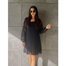 Nnstartshopping  Kadın Uzun Kollu Yuvarlak Yaka Kol ve Etek Ucu Dantelli Kısa Ithal Krep Elbise