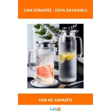 Letsii 1500 ml Isıya Dayanıklı Borosilikat Cam Su Sürahisi Metal Kapaklı
