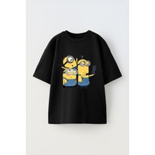 Anetos Mınıos Baskılı Ünisex Pamuk Siyah Oversize T Shirt