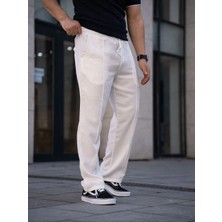 Erkek Keten Cepli Çıma Dikişli Jogger Buggy Pantalon Rahat Kalıp - Beyaz
