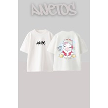 Anetos Chırsmes Unıcorn Tasarım Sırt Baskılı Pamuk Beyaz Oversize T-Shirt