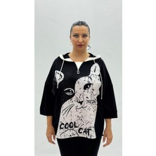 AlanyaXXL Büyük Beden Taşlı Fiyonk Detaylı Cepli Kapüşonlu Kapri Kol Oversize Kadın Sweatshirt