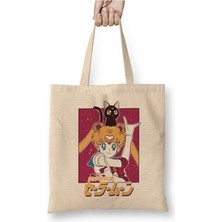 Toyaso Sailor Moon Beyaz Bez Çanta Uzun Saplı Alışveriş Çantası Plaj Çantası