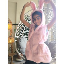 Şimo Butikkız Çocuk Kapşonlu Kürklü Peluş Cepli Belden Büzgülü Içi Astarlı %100 Pamuk Yelek Pembe