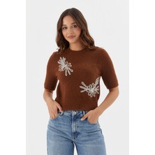 Shopping Shop İşlemeli Kısa Kol Triko Bluz KAHVE