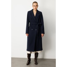 Ekol Kadın Beli Kuşaklı Kruvaze Yaka Kaban 6063 Lacivert