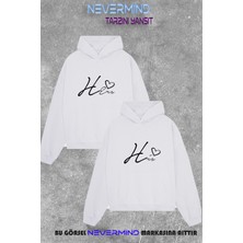Nevermind Unisex Oversize Hoodie - Çift Kombini His & Hers 2'li Sweatshirt Beyaz