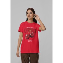 Nevermind Unisex Erkek/Kadın CHERRIES Özel Baskılı Oversize Pamuklu Bisiklet Yaka Tişört Kırmızı