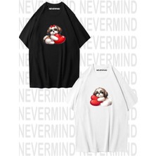 Nevermind Sevgili Kombini Sevimli Köpek ve Kalp Baskılı Oversize Unisex Çift Tişörtü Siyah