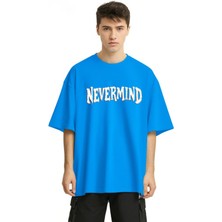 Nevermind Unisex Oversize Tişört - Ön Yazı ve Arka Şehir Manzaralı Kırık Cam Baskı Mavi