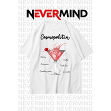 Nevermind Kadın Oversize Pamuk Tişört - Cosmopolitan Kokteyl Desenli Beyaz