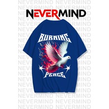 Nevermind Unisex Burning Peace Baskılı %100 Pamuk Oversize Tişört Lacivert