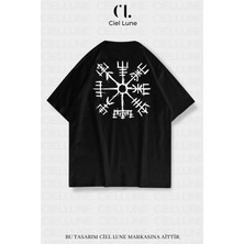 Nevermind Unisex Kadın Erkek Viking Pusula Vegvisir Baskılı Özel Tasarım Oversize T-shirt siyah