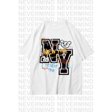 Nevermind Unisex Kadın Erkek NY - ME Özel Tasarım Sırt Baskılı Oversize Tişört Beyaz