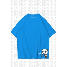 Nevermind Unisex Kadın Erkek Panda Özel Tasarım Baskılı Oversize Tişört Bebe Mavi