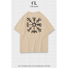 Nevermind Unisex Kadın Erkek Viking Pusula Vegvisir Baskılı Özel Tasarım Oversize T-shirt Bej