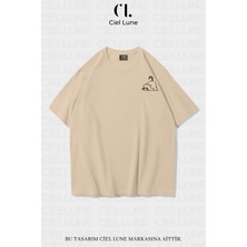 Nevermind Unisex Kadın Erkek Minimalist Cat Baskılı Özel Tasarım Oversize Tişört Bej