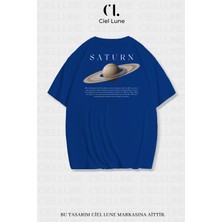 Nevermind Unisex Kadın Erkek Saturn Baskılı Özel Tasarım Oversize Tişört Mavi