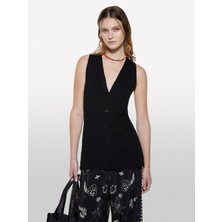 Sisley Keten Karışımlı Slim Fit Triko Yelek Kadın Siyah Yelek - 325P105GM602J